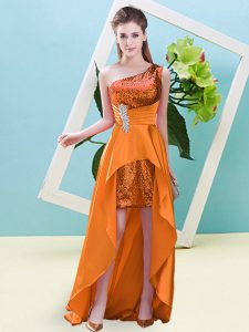 Super High Low Orange Prom Dress One Shoulder Sleeveless Lace Up