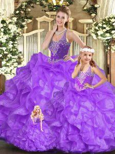 Ball Gowns 15 Quinceanera Dress Eggplant Purple Straps Organza Sleeveless Floor Length Lace Up