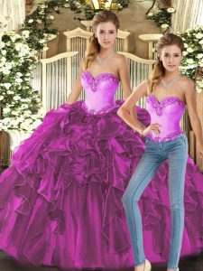 Vintage Fuchsia Ball Gowns Ruffles Sweet 16 Quinceanera Dress Lace Up Organza Sleeveless Floor Length
