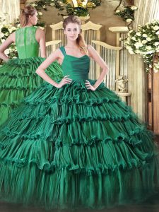 Great Sleeveless Organza Floor Length Zipper Quince Ball Gowns in Green with Ruffled Layers