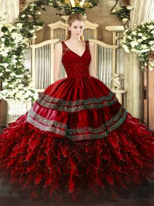 High End Floor Length Backless Sweet 16 Dress Wine Red for Military Ball and Sweet 16 and Quinceanera with Beading and Lace and Ruffles