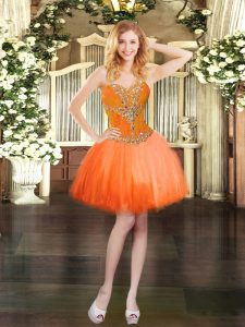 Mini Length Orange Red Prom Gown Tulle Sleeveless Beading