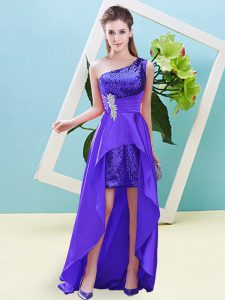 Fashionable Purple Sleeveless High Low Beading Lace Up Evening Dress