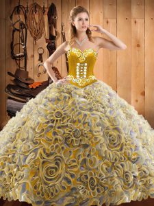 Multi-color Lace Up Sweetheart Embroidery Sweet 16 Quinceanera Dress Satin and Fabric With Rolling Flowers Sleeveless Sweep Train