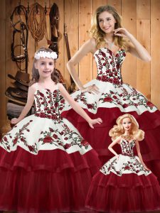 Super Wine Red Ball Gowns Embroidery and Ruffled Layers 15th Birthday Dress Lace Up Satin and Organza Sleeveless Floor Length
