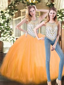 Orange Red Tulle Zipper Scoop Sleeveless Floor Length 15th Birthday Dress Beading