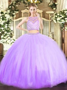 Floor Length Zipper Quinceanera Gown Lavender for Military Ball and Sweet 16 and Quinceanera with Beading