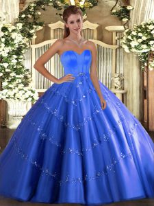 Blue Sweetheart Lace Up Beading and Appliques Quinceanera Dress Sleeveless