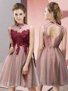 Low Price Peach Quinceanera Court of Honor Dress Prom and Party and Wedding Party with Appliques High-neck Sleeveless Lace Up