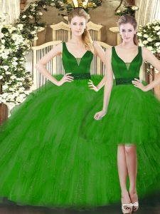 Green Sleeveless Floor Length Beading and Ruffles Lace Up Sweet 16 Dress