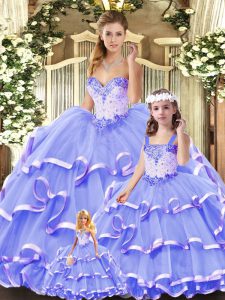 Custom Designed Lavender Ball Gowns Sweetheart Sleeveless Tulle Floor Length Lace Up Beading and Ruffled Layers Sweet 16 Dress