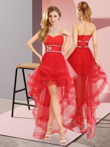 Pretty High Low Lace Up Quinceanera Dama Dress Red for Prom and Party and Wedding Party with Beading