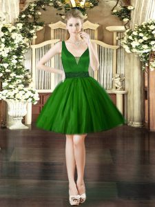 Great Sleeveless Tulle Mini Length Lace Up Prom Evening Gown in Dark Green with Beading