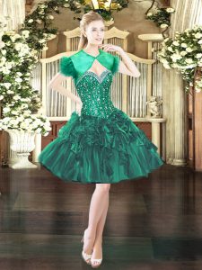 Superior Dark Green Organza Lace Up Sweetheart Sleeveless Mini Length Dress for Prom Beading and Ruffles