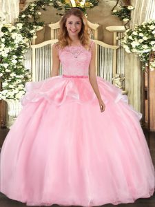 Pink Organza Clasp Handle Scoop Sleeveless Floor Length Quinceanera Dress Lace