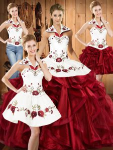 Sleeveless Floor Length Embroidery and Ruffles Lace Up Quinceanera Dress with Wine Red