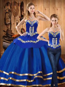 Blue Satin and Tulle Lace Up 15 Quinceanera Dress Long Sleeves Floor Length Embroidery