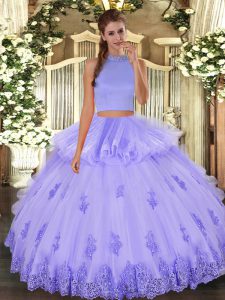 Lavender Two Pieces Beading and Appliques and Ruffles Quinceanera Dresses Backless Tulle Sleeveless Floor Length
