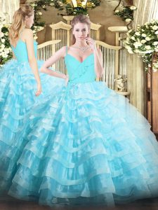 Sleeveless Organza Floor Length Zipper Quince Ball Gowns in Aqua Blue with Ruffled Layers