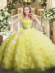 Yellow Green Ball Gowns Organza V-neck Sleeveless Ruffled Layers Floor Length Zipper Quince Ball Gowns