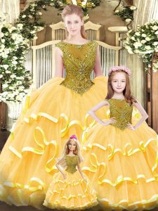 Sleeveless Floor Length Beading and Ruffled Layers Lace Up Quince Ball Gowns with Gold