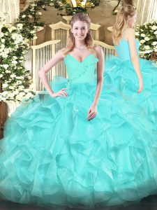 Spaghetti Straps Sleeveless Sweet 16 Dresses Floor Length Ruffles Aqua Blue Organza