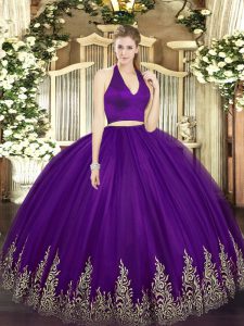 Modern Halter Top Sleeveless Quinceanera Gowns Floor Length Appliques Dark Purple Tulle