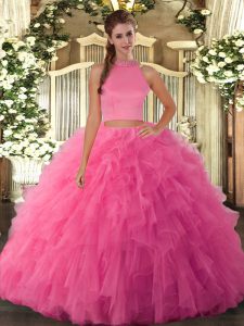 Luxurious Floor Length Hot Pink 15 Quinceanera Dress Halter Top Sleeveless Backless