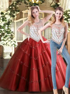 Wine Red Sleeveless Tulle Zipper Quinceanera Gown for Military Ball and Sweet 16 and Quinceanera