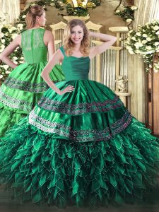 Floor Length Zipper 15 Quinceanera Dress Dark Green for Military Ball and Sweet 16 and Quinceanera with Beading and Lace and Ruffles