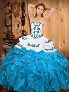 Teal Sleeveless Satin and Organza Lace Up Sweet 16 Quinceanera Dress for Military Ball and Sweet 16 and Quinceanera