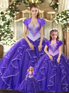 Purple Ball Gowns Tulle Scoop Sleeveless Beading and Ruffles Floor Length Lace Up Quince Ball Gowns