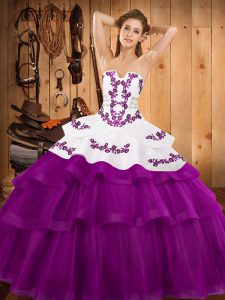 Clearance Lace Up Quinceanera Gowns Fuchsia for Military Ball and Sweet 16 and Quinceanera with Embroidery and Ruffled Layers Sweep Train