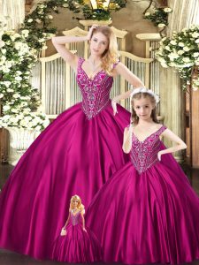 Floor Length Lace Up Quince Ball Gowns Red for Military Ball and Sweet 16 and Quinceanera with Beading