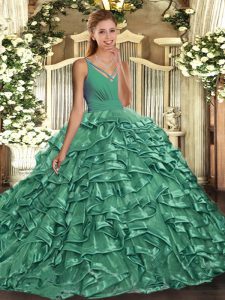 V-neck Sleeveless Sweep Train Backless Quinceanera Dress Turquoise Organza