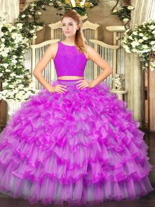 Scoop Sleeveless 15th Birthday Dress Floor Length Ruffled Layers Fuchsia Tulle