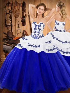 Royal Blue Strapless Lace Up Embroidery Ball Gown Prom Dress Sleeveless