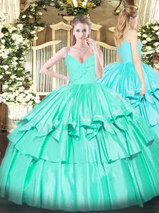 Turquoise Zipper Vestidos de Quinceanera Ruffled Layers Sleeveless Floor Length