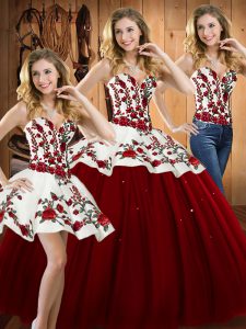 Glittering Sweetheart Sleeveless 15th Birthday Dress Floor Length Embroidery Wine Red Satin and Tulle