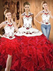 Nice Floor Length Lace Up Vestidos de Quinceanera White And Red for Military Ball and Sweet 16 and Quinceanera with Embroidery and Ruffles