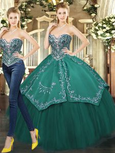 Dynamic Tulle Sweetheart Sleeveless Lace Up Beading and Appliques Quince Ball Gowns in Dark Green