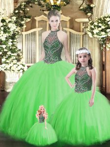 Green Tulle Lace Up Quinceanera Dresses Sleeveless Floor Length Beading