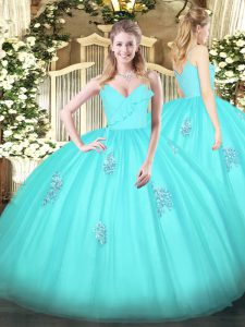 Best Aqua Blue Sleeveless Tulle Zipper Sweet 16 Quinceanera Dress for Military Ball and Sweet 16 and Quinceanera
