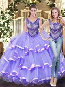 Spectacular Lavender Lace Up Ball Gown Prom Dress Beading and Ruffled Layers Sleeveless Floor Length