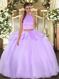 Beauteous Lavender Two Pieces Halter Top Sleeveless Organza Floor Length Backless Beading Quinceanera Gown