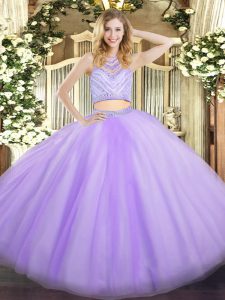 Lavender Two Pieces Scoop Sleeveless Tulle Floor Length Zipper Beading Quinceanera Gown