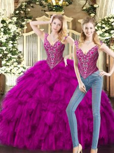 Beauteous Fuchsia Two Pieces V-neck Sleeveless Organza Floor Length Lace Up Beading and Ruffles 15 Quinceanera Dress