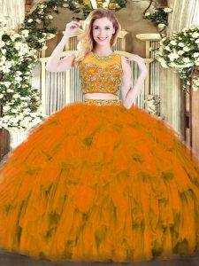 Luxury Floor Length Zipper Quinceanera Dresses Rust Red for Military Ball and Sweet 16 and Quinceanera with Beading and Ruffles