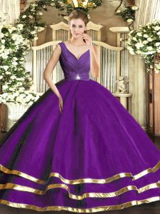 Luxurious Tulle V-neck Sleeveless Backless Ruffled Layers Quince Ball Gowns in Purple