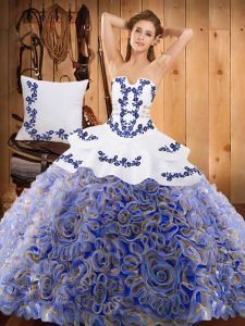 Delicate Multi-color Sleeveless Satin and Fabric With Rolling Flowers Sweep Train Lace Up Quinceanera Dresses for Military Ball and Sweet 16 and Quinceanera